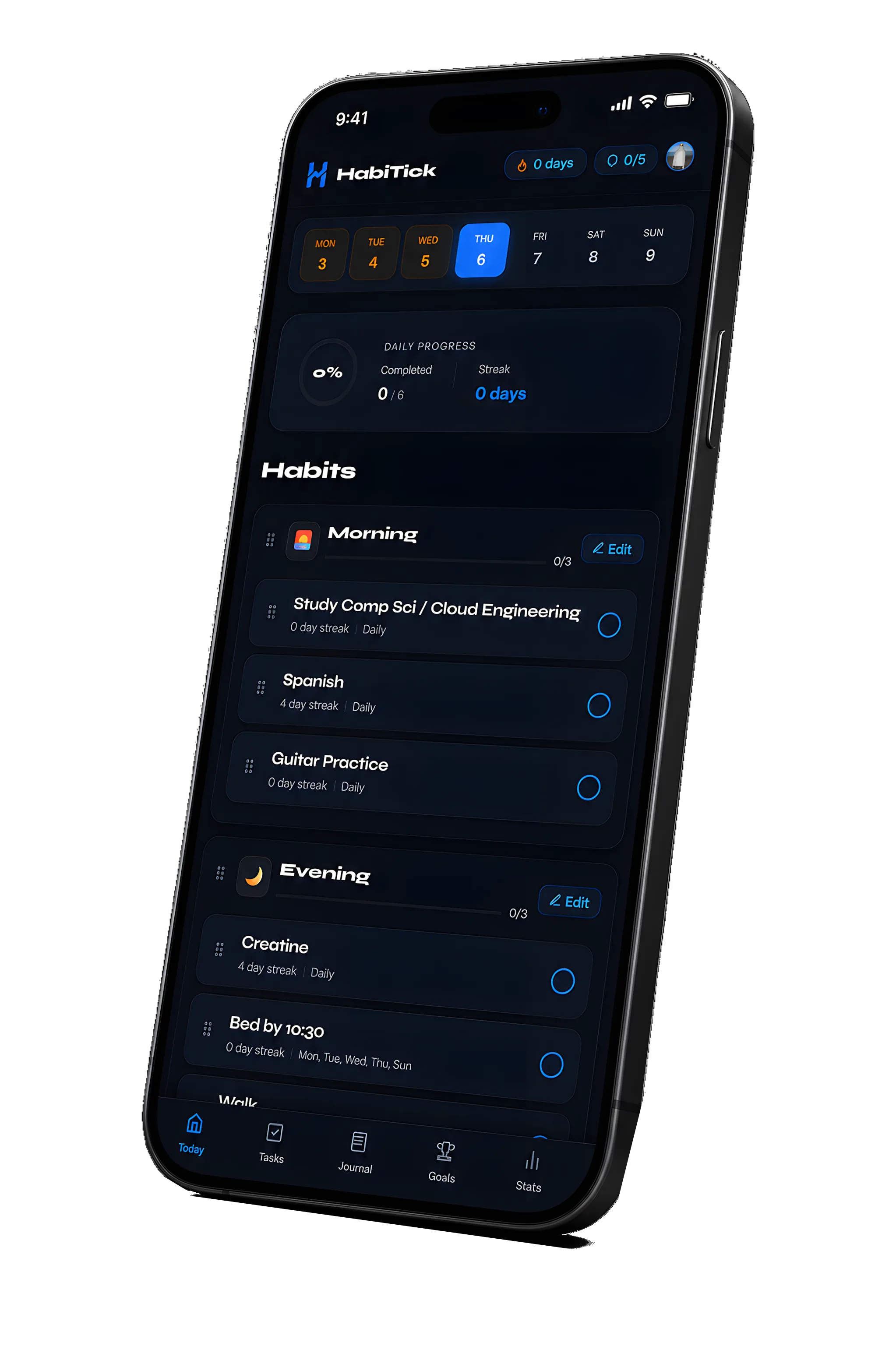 HabiTick minimalist habit tracker app interface showing daily routine planner, smart streaks, and task manager on mobile